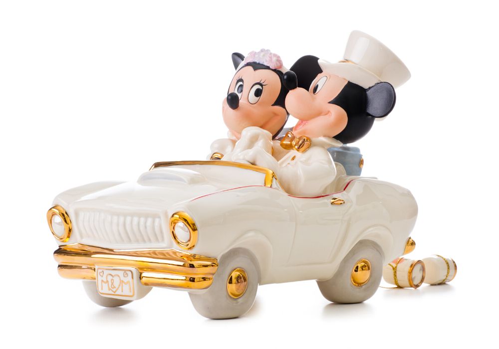 "Just Married" Mickey and Minnie Mouse figurine in a car