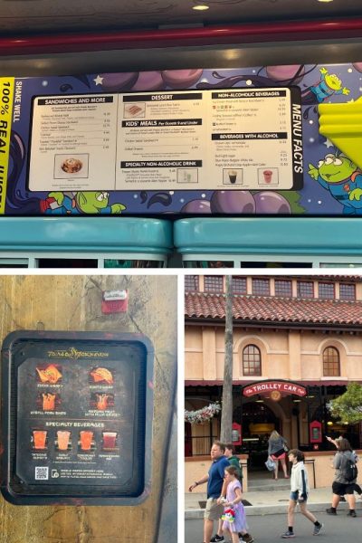 collage image of three locations where you can get breakfast at hollywood studios, including woody's lunch box, ronto roasters, and the trolley car cafe