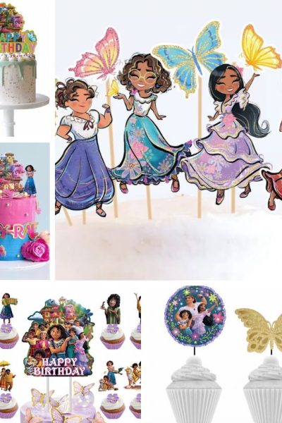 collage featuring various Encanto cake toppers and cupcake toppers for a birthday