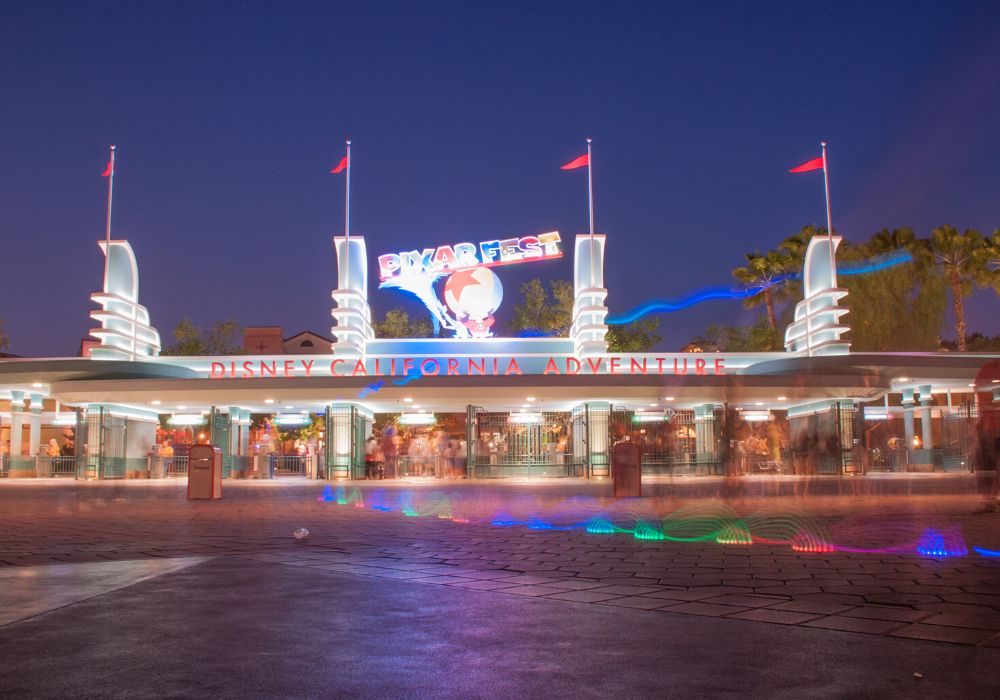 Disney California Adventures entrance at night