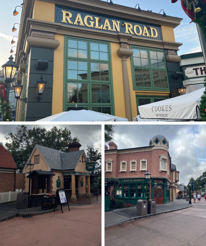 collage of three locations where you can enjoy Disney St. Patrick's Day food and drink