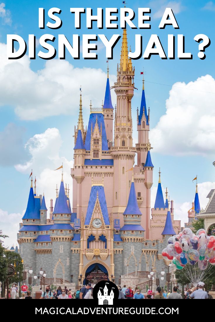 A crowd of guests around Cinderella's Castle at Magic Kingdom in Disney World. An overlay reads, "Is there a Disney Jail?"