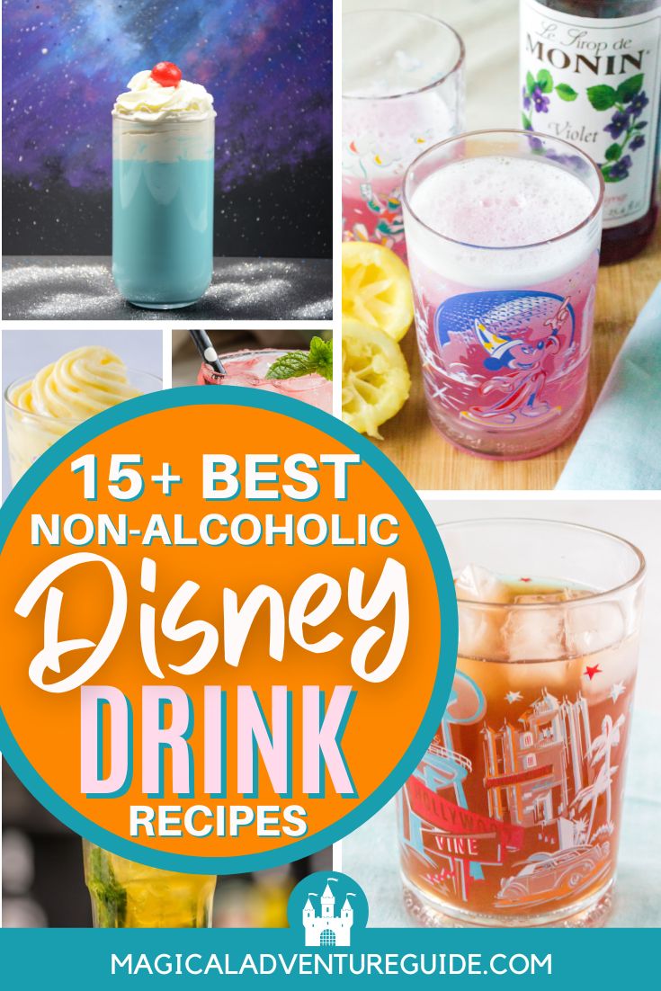 collage image featuring various non-alcoholic Disney drinks that can be made at home