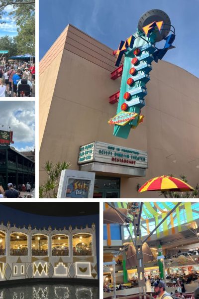 collage image featuring five different restaurants for picky eaters at Disney World