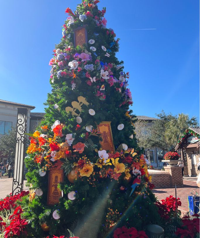 a decorated tree during Christmas at Disney Springs, as part of the Christmas Tree Stroll