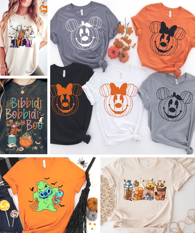 collage featuring various Disney Halloween shirts