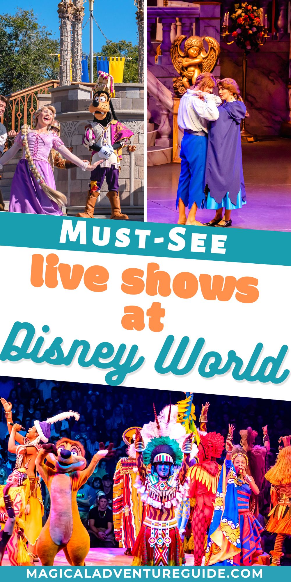 collage image featuring three live shows at Disney World that are fantastic performances.